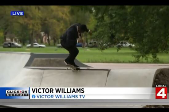Reporter skating while reporting